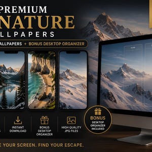 May include: A digital collection of 10 premium nature wallpapers featuring forest, mountain, and coastal scenes. Includes mobile wallpapers and a bonus desktop organizer. Text includes 10 PREMIUM NATURE WALLPAPERS, MOBILE WALLPAPERS, and BONUS DESKTOP ORGANIZER.