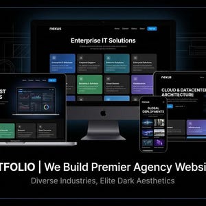 Może przedstawiać: Portfolio marketingu cyfrowego prezentuje projekty stron internetowych na laptopie, komputerze stacjonarnym, tablecie i smartfonie. Ekrany wyświetlają teksty takie jak "Enterprise IT Solutions", "Zero-Trust Networks" i "Cloud & Datacenter Architecture". Obraz zawiera również tekst "NEXUS PORTFOLIO | We Build Premier Agency Websites Like This."