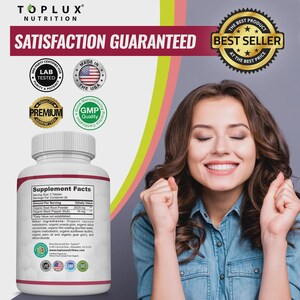 Puede incluir: Una botella blanca de suplementos Toplux Nutrition con una etiqueta roja y blanca. La etiqueta incluye el texto "Supplement Facts" y "Organic Beet Root Powder". La imagen tambi&eacute;n presenta el texto "Satisfaction Guaranteed" y una mujer sonriendo.