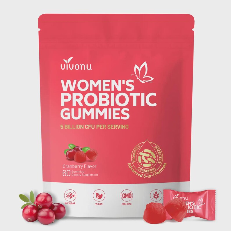 Puede incluir: Una bolsa rosa de Vivonu Women's Probiotic Gummies. La bolsa presenta el texto "Women's Probiotic Gummies" y "Cranberry Flavor". La imagen tambi&eacute;n muestra gomitas de ar&aacute;ndanos y un peque&ntilde;o paquete de gomitas.