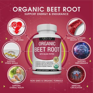 Puede incluir: Una botella blanca de suplemento diet&eacute;tico Toplux Nutrition Organic Beet Root con pimienta negra. La etiqueta presenta texto y gr&aacute;ficos que resaltan beneficios como energ&iacute;a, circulaci&oacute;n y bienestar. El fondo es un degradado granate con ilustraciones circulares.