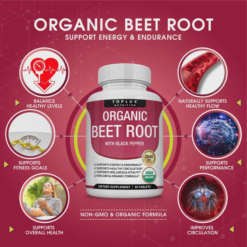 Puede incluir: Una botella blanca de suplemento diet&eacute;tico Toplux Nutrition Organic Beet Root con pimienta negra. La etiqueta presenta texto y gr&aacute;ficos que resaltan beneficios como energ&iacute;a, circulaci&oacute;n y bienestar. El fondo es un degradado granate con ilustraciones circulares.