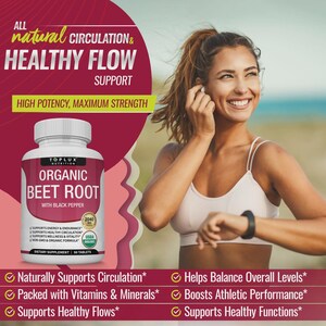 Puede incluir: Una botella de suplemento diet&eacute;tico Toplux Nutrition Organic Beet Root con pimienta negra. La etiqueta destaca el apoyo del producto a la circulaci&oacute;n, la energ&iacute;a y el bienestar. La imagen tambi&eacute;n presenta a una mujer con una camiseta blanca y un reloj inteligente.