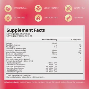 Puede incluir: Etiqueta de informaci&oacute;n nutricional para gominolas, que detalla el tama&ntilde;o de la porci&oacute;n y los ingredientes. La etiqueta indica que el producto es 100% natural, vegano, sin gluten y sin az&uacute;car. Proporciona detalles sobre calor&iacute;as, carbohidratos y contenido de probi&oacute;ticos por porci&oacute;n.