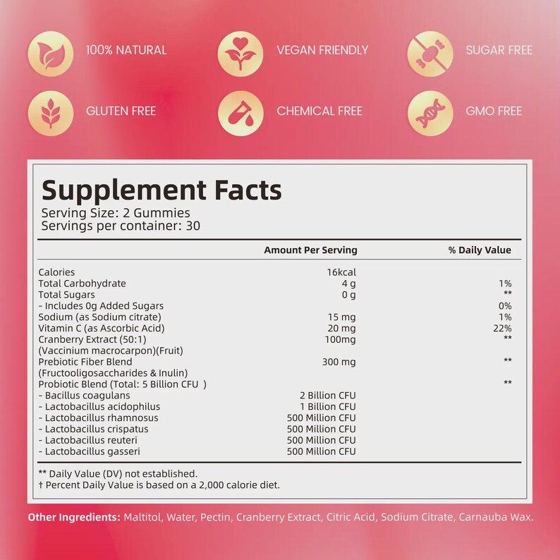 Puede incluir: Etiqueta de informaci&oacute;n nutricional para gominolas, que detalla el tama&ntilde;o de la porci&oacute;n y los ingredientes. La etiqueta indica que el producto es 100% natural, vegano, sin gluten y sin az&uacute;car. Proporciona detalles sobre calor&iacute;as, carbohidratos y contenido de probi&oacute;ticos por porci&oacute;n.