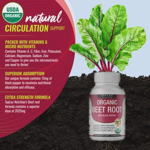 Puede incluir: Una botella blanca de Toplux Nutrition Organic Beet Root con pimienta negra, con certificaci&oacute;n USDA Organic. La etiqueta destaca los beneficios del producto para la circulaci&oacute;n, la energ&iacute;a y el bienestar. Hojas frescas de remolacha brotan de la botella.