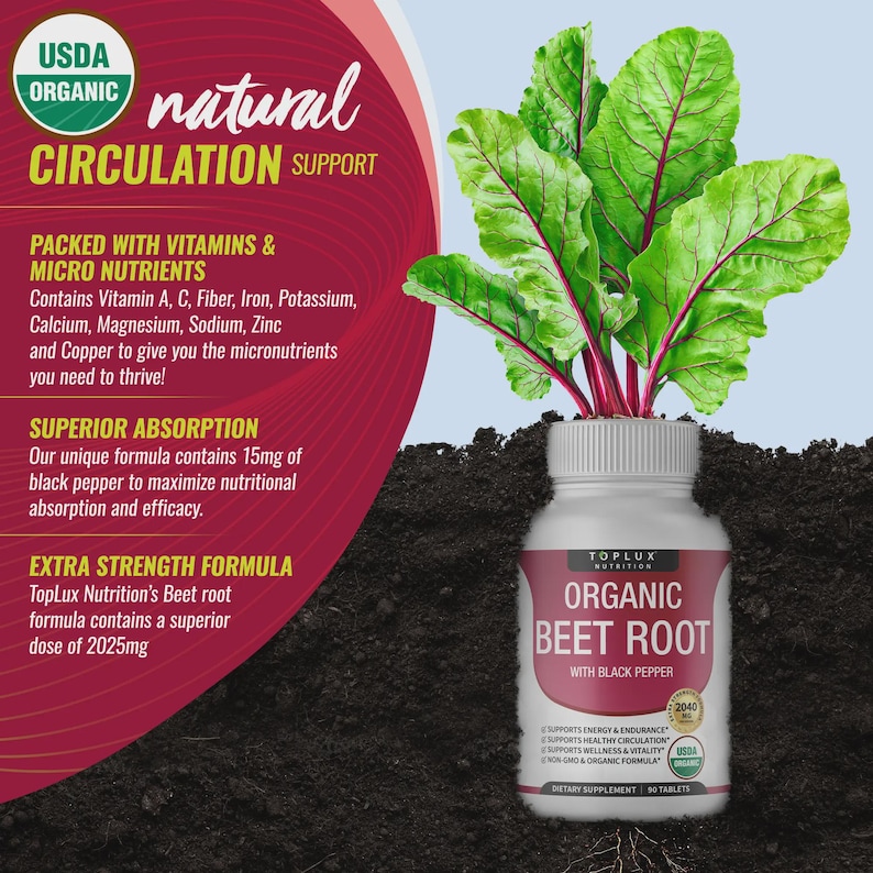 Puede incluir: Una botella blanca de Toplux Nutrition Organic Beet Root con pimienta negra, con certificaci&oacute;n USDA Organic. La etiqueta destaca los beneficios del producto para la circulaci&oacute;n, la energ&iacute;a y el bienestar. Hojas frescas de remolacha brotan de la botella.