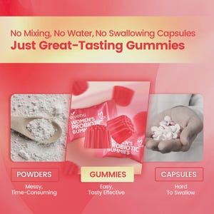 Puede incluir: Imagen promocional con el texto "Sin mezclar, sin agua, sin c&aacute;psulas para tragar, solo gomitas deliciosas". La imagen muestra polvos, gomitas y c&aacute;psulas. Las gomitas est&aacute;n etiquetadas como "Women's Probiotic Gummies".