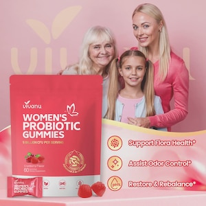 Puede incluir: Una bolsa roja de gomitas probi&oacute;ticas para mujeres Vivonu con sabor a ar&aacute;ndanos, 60 gomitas y un sobre peque&ntilde;o. La bolsa presenta texto y gr&aacute;ficos, incluido una mariposa y las palabras "Support Flora Health", "Assist Odor Control" y "Restore & Rebalance".