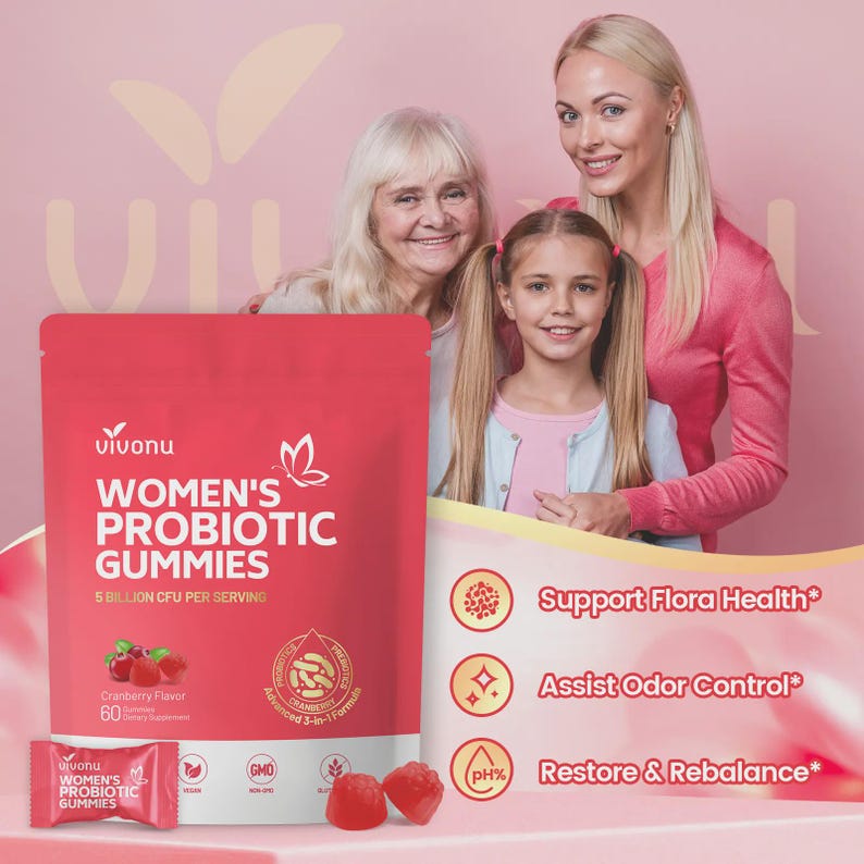 Puede incluir: Una bolsa roja de gomitas probi&oacute;ticas para mujeres Vivonu con sabor a ar&aacute;ndanos, 60 gomitas y un sobre peque&ntilde;o. La bolsa presenta texto y gr&aacute;ficos, incluido una mariposa y las palabras "Support Flora Health", "Assist Odor Control" y "Restore & Rebalance".