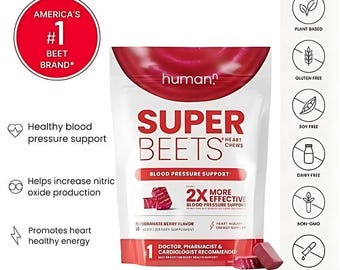Humann SuperBeets Heart Chews - Nitric Oxide Supplement for Blood Pressure & Cardiovascular Support, Plant-Based Antioxidants