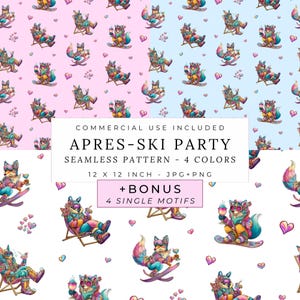 May include: A seamless digital pattern featuring colorful foxes in ski gear, some sitting in lounge chairs and others on snowboards, holding drinks. The text reads: COMMERCIAL USE INCLUDED APRES-SKI PARTY SEAMLESS PATTERN - 4 COLORS 12 X 12 INCH - JPG+PNG +BONUS 4 SINGLE MOTIFS.