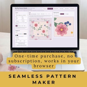 May include: A laptop screen displaying the MyVibe Pattern Studio interface, a web-based tool for creating seamless patterns. The software shows a canvas with a floral design featuring pink flowers, green leaves, and blue berries on a light background.