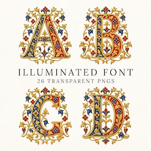 Może przedstawiać: Cztery ozdobne wielkie litery A, B, C i D udekorowane skomplikowanymi złotymi, czerwonymi i niebieskimi wzorami kwiatowymi. Tekst ILLUMINATED FONT 26 TRANSPARENT PNGS jest wyśrodkowany między literami. Litery posiadają kunsztowne zdobienia.