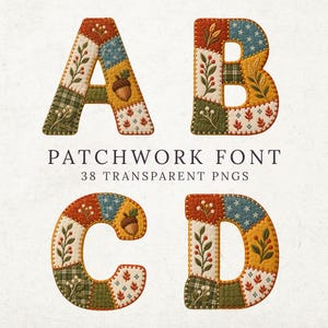 Alfabeto patchwork in clipart - Lettere e numeri trapuntati / Design autunnale in stile rustico per sublimazione / PNG trasparente (download immediato)