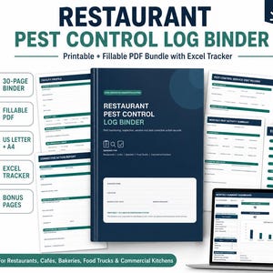 Könnte beinhalten: Ein Schädlingsbekämpfungs-Logbuch für Restaurants mit dunkelblauem Einband und weißem Text, verschiedenen druckbaren Dokumentenseiten wie Betriebsprofilen und Maßnahmenberichten sowie einem Laptop mit einer Excel-Tracker-Übersicht.
