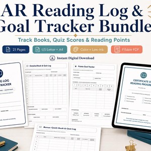 May include: A digital AR Reading Log & Goal Tracker bundle featuring 21 pages in US Letter and A4 sizes. The set includes a reading log, quiz tracker, points goal tracker, and a certificate of reading progress, all presented in a clean, professional layout.