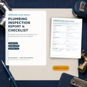 May include: A professional digital template for a plumbing inspection report and checklist. The document includes sections for service provider, client, and property information, with fillable PDF and editable Word formats in US Letter and A4 sizes.