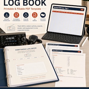 May include: A Ham Radio Log Book printable and fillable PDF template set featuring a binder with log sheets, a tablet displaying a QSO log page, a 50-state tracker, and a quick reference page. The system includes 33 pages for tracking station activity.