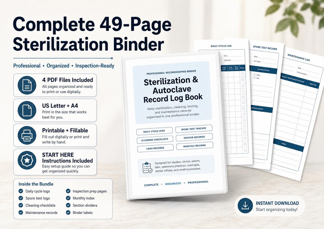 Autoclave Log Book Printable, Fillable Sterilization Record Binder PDF ...