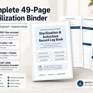 May include: A white sterilization and autoclave record log book with a blue and white cover. The binder includes daily cycle logs, spore test records, and maintenance logs. The text on the cover reads "Sterilization & Autoclave Record Log Book".