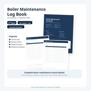 Op de afbeelding: Een digitale Boiler Maintenance Logboek, printbaar en invulbaar in PDF-formaat. De omslag is marineblauw met witte tekst, waaronder "Boiler Maintenance Log Book". Bevat 37 pagina's, US Letter en A4 formaten en een low-ink interieur. Het logboek helpt bij het organiseren van servicebezoeken, routinecontroles, reparaties en maandelijkse samenvattingen.