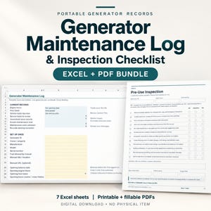 May include: A digital generator maintenance log and inspection checklist bundle featuring Excel and PDF files. The documents include sections for current records, set up once data, and a pre-use inspection form with checkboxes for equipment status.