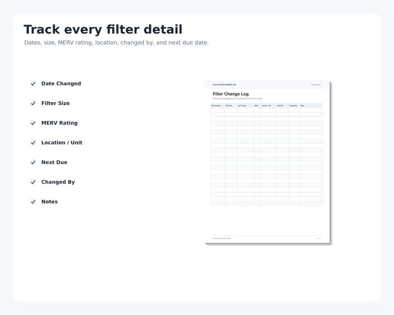 Filter Tracking Log HVAC Filter Change Log Printable, Home Maintenance Tracker, Fillable ...
