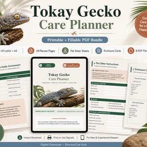 Könnte beinhalten: Ein digitales Tokay Gecko Care Planner-Bundle mit druckbaren und ausfüllbaren PDF-Dateien. Enthält 29 Planerseiten, Haustierbetreuer-Blätter, Gehege-Karten und 8 PDF-Dateien. Der Planer zeigt ein Gecko-Bild und eine Pflegeanleitung.