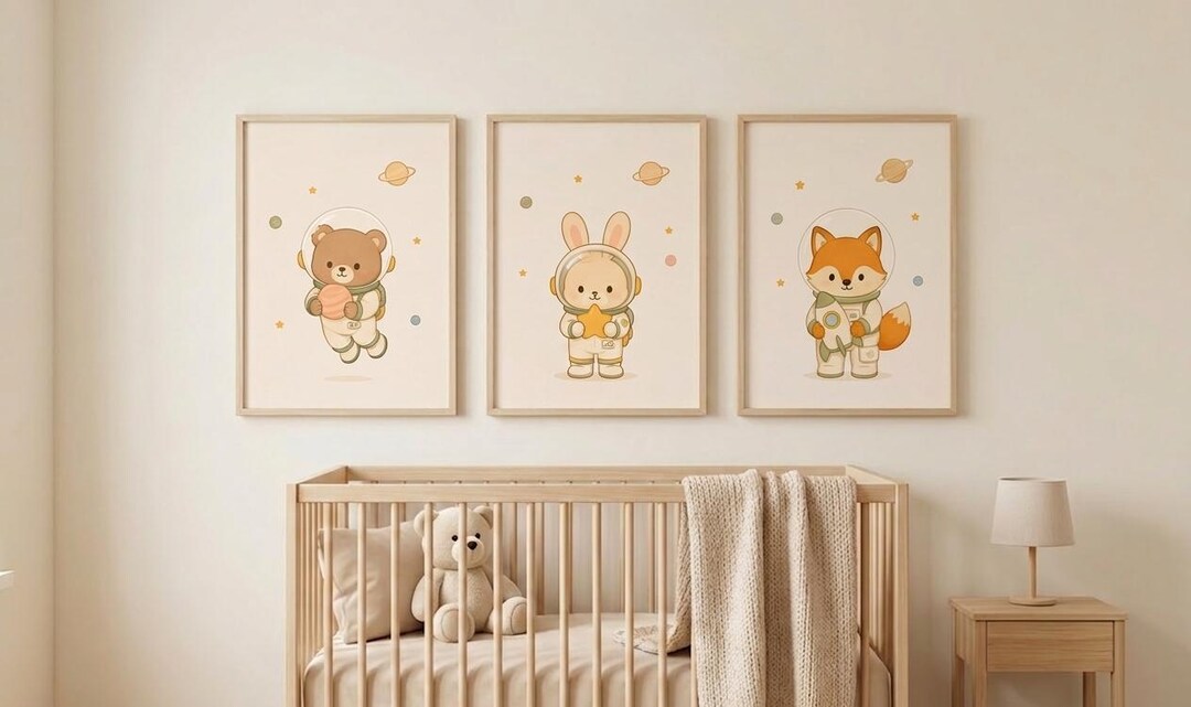 Set of 3 Space Nursery Wall Art Prints, Cute Animal Astronaut Nursery ...
