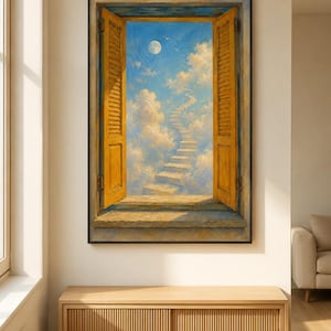 May include: A framed wall art print depicting an open window with yellow wooden shutters looking out onto a blue sky filled with white clouds, a full moon, and a stone staircase ascending into the clouds. The artwork is displayed on a wall.