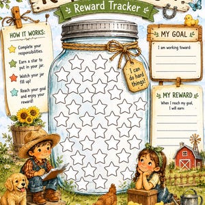 Op de afbeelding: Een kleurrijke "Responsibility Jar" beloningskaart met een rustiek ontwerp. De kaart heeft een grote pot met sterruimtes, instructies en ruimtes voor doelen en beloningen. De tekst luidt "Responsibility Jar" en "Reward Tracker". Illustraties tonen kinderen, dieren en een boerderij.