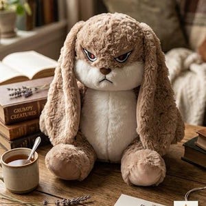 May include: A plush rabbit toy with light brown fur, long floppy ears, and a white belly. The rabbit has an angry facial expression with sharp red eyes and a small brown nose. A white card with the text PlushBeeToy is placed in front of it.