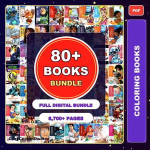 Op de afbeelding: Digitale kleurboekbundel met meer dan 80 boeken en 8.700+ pagina's. De afbeelding toont Disney- en Looney Tunes-personages zoals Stitch, Barbie en Bugs Bunny. De bundel is gelabeld met "80+ BOOKS BUNDLE" in een rode cirkel.