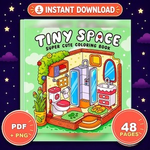 May include: A digital coloring book cover titled Tiny Space Super Cute Coloring Book featuring a cartoon bathroom illustration with a shower, toilet, sink, and potted plant. The cover includes text indicating it is an instant download with 48 pages.