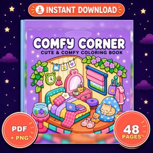 Puede incluir: Un libro de colorear digital titulado Comfy Corner con una ilustración de dormitorio que incluye una cama, un gato durmiendo en un puf, una pecera y un tocador. La portada incluye Instant Download, 48 Pages y formatos PDF + PNG.