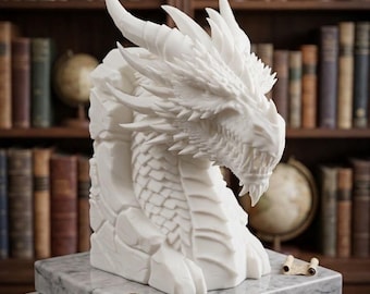 Handgefertigte Drachen-Statue Book Nook – Epische Fantasy-Dekoration, 3D-Druck, Weißer/Schwarzer Sammler-Drache für Regal & Schreibtisch