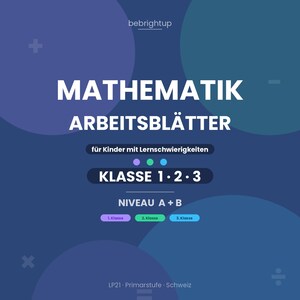 Op de afbeelding: Een digitaal educatief hulpmiddel getiteld MATHEMATIK ARBEITSBLÄTTER voor kinderen met leerproblemen, voor groep 1, 2 en 3, niveau A en B. Het ontwerp heeft een donkerblauwe achtergrond met cirkels, wiskundige symbolen en tekst.
