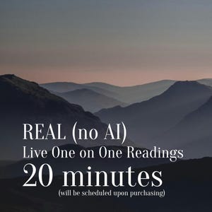 Puede incluir: Imagen de una cordillera con un cielo degradado. El texto blanco dice "REAL (no AI) Live One on One Readings 20 minutes (will be scheduled upon purchasing)". La imagen tiene una estética oscura y melancólica.