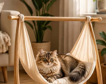 Wooden Cat Hammock Bed, Cream Indoor Cat Swing Lounge, Boho Pet Furniture