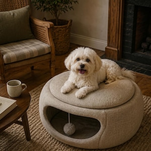 Otomana redonda para mascotas de tejido bouclé, acogedora cama tipo cueva para gatos con cojín, muebles modernos para mascotas.