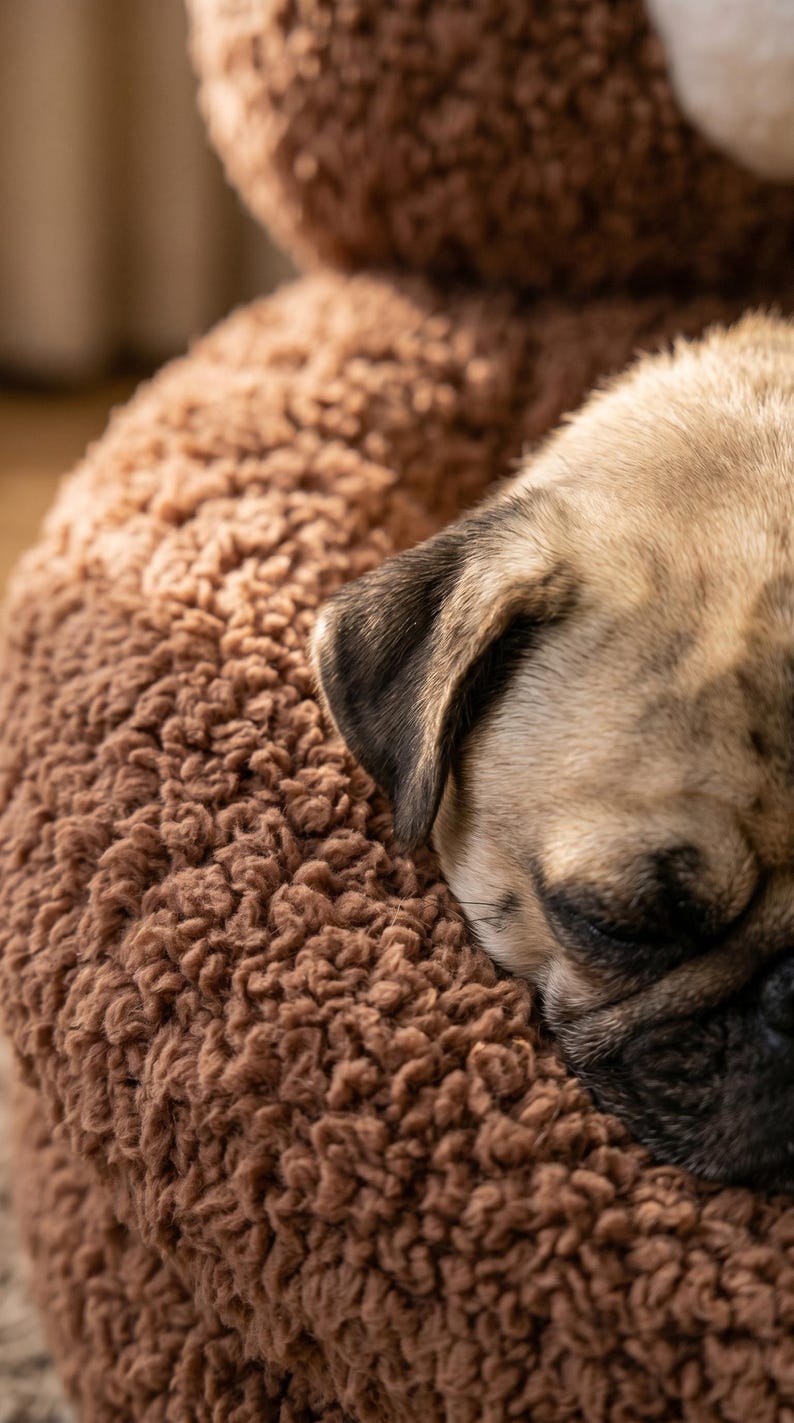 May include: A fawn-colored pug with a black muzzle and ears is sleeping peacefully on a round, brown, textured, plush pet bed. The bed features a thick, curly, fleece-like material that provides a soft surface for the dog to rest its head.
