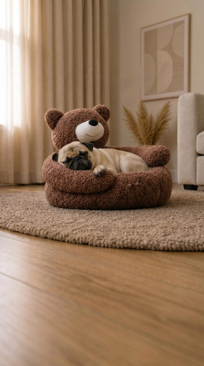 May include: A brown plush pet bed shaped like a teddy bear with a round head, ears, and arms that wrap around the center. A light fawn-colored pug is curled up and sleeping inside the soft, textured fabric of the circular pet bed.