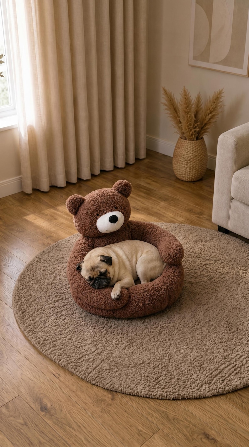 May include: A brown plush pet bed shaped like a teddy bear with a round head, small ears, and a white muzzle. A light fawn-colored pug is curled up inside the soft, textured circular bed, which rests on a matching round brown rug on the floor.