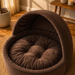 Op de afbeelding: Een rond, donkerbruin huisdierbed met een overdekt, halfopen ontwerp en een zacht, gecapitonneerd rond kussen. De buiten- en binnenkant zijn bekleed met een zachte, fluweelachtige stof, wat zorgt voor een knusse, grotachtige structuur.