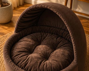 Cozy Cave Pet Bed, Brown Velvet Hooded Dog Cat Sofa, Plush Cushion Nest