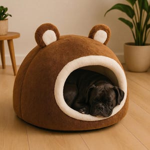 Cama de peluche para mascotas con forma de oso, acogedora casita tipo cueva, cama suave para cachorros en interiores.