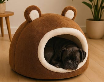 Bär Plüsch-Haustier-Bett, gemütliches bedecktes Höhlen-Haus, weiches Innenwelpen-Schlafbett