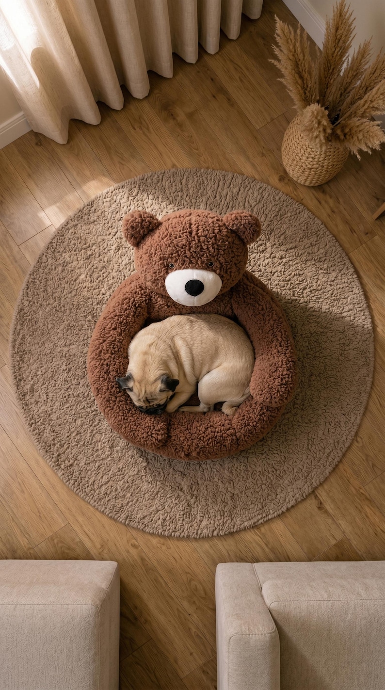 May include: A brown, plush, circular pet bed shaped like a teddy bear with a white muzzle and black nose. The bed features a soft, textured, fleece-like material. A light tan pug is curled up and sleeping inside the center of the bear-shaped bed.