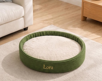Personalisiertes grünes Cord-Katzenbett, rundes Plüsch-Haustierkissen, gemütliches Kätzchen-Nest